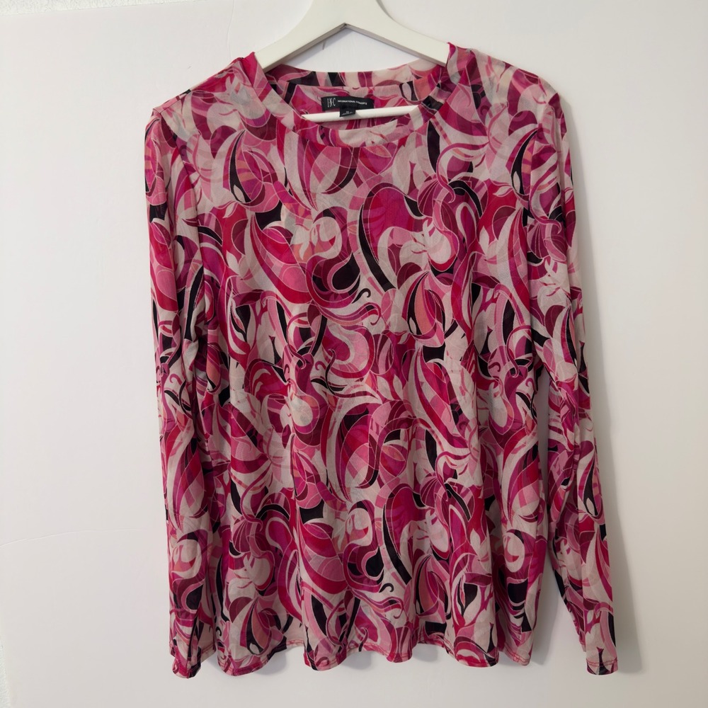 INC International Concepts Mesh Top Womens 1X Pink Abstract Swirl Long Y2K Retro